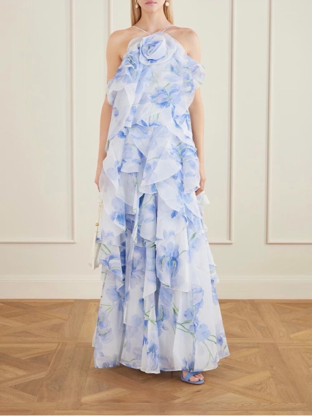 Light Blue AJE Floral Ruffled Halter Evening Gown